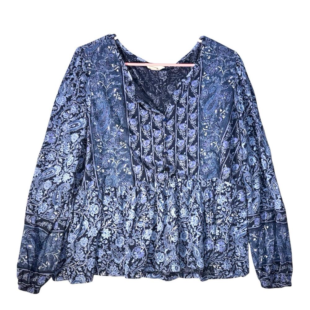 Lucky Brand Top Size XL Womens Navy Peasant Floral Print V Neck Smocked Boho